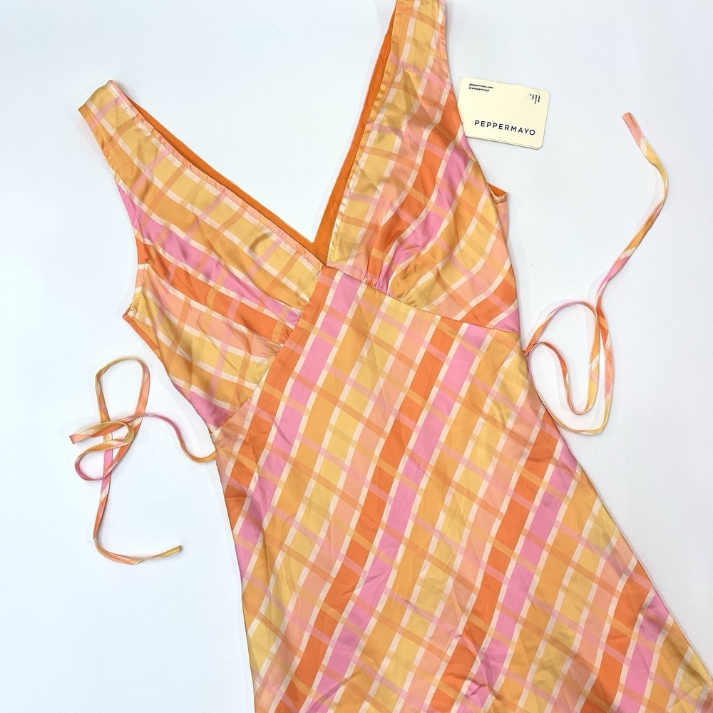 Peppermayo NWT Sleeveless V Neck Plaid Dress Pink Orange Yellow Size 4